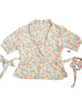 Old Navy Floral Wrap Top - Short Sleeve V-Neck Tie Waist Blouse Size M